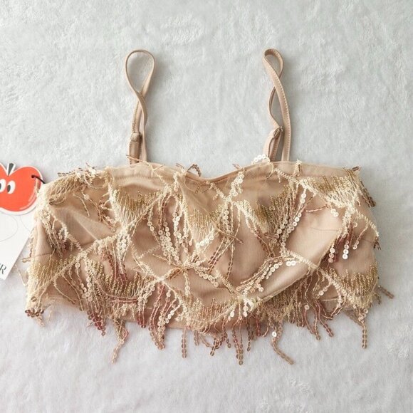 NWT Cider Sequin Tassel Crop Cami Top Size XS Gold Embellished Festival Concert - Picture 9 of 15